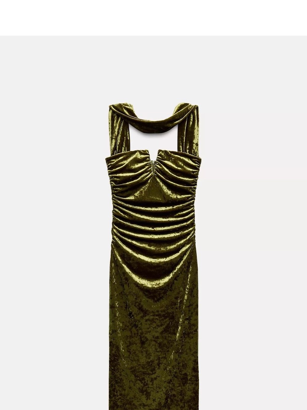Zara Olive Green Velvet Ruched Maxi Dress